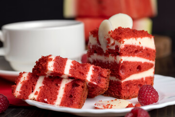 Red cake with cream and raspberry flavor