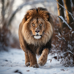 lion walking in the snow