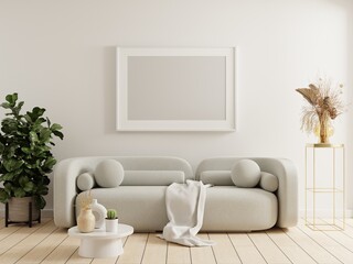 Mockup poster frame in modern interior background with gray sofa and accessories in the room.