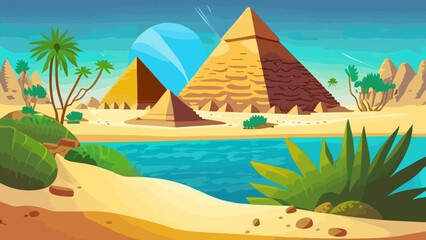 Cartoon desert with ancient Egyptian pyramids and Nile river. Vector illustration of sandy landscape with stones and green plants near blue water, sun shining brightly in sky over pharaoh tombs - obrazy, fototapety, plakaty