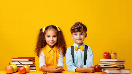 back to school, cute adorable schoolkids prepared for 1 september buy school supply on season bargain.