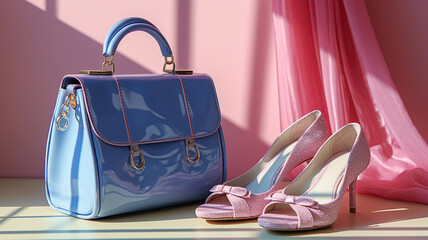 A pair of vintage shoes and a blue bag on a light pink background
