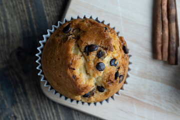 Cupcake with chocolate pieces, close up