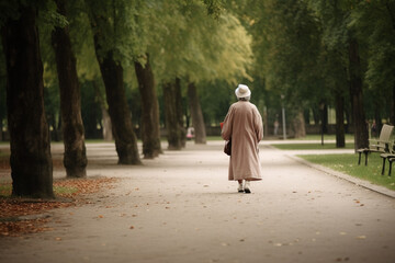 Rear view of a senior woman walking in the park alone