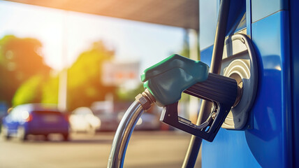 Obraz premium Oil pumps and nozzles are present at the gas station on the street during daylight