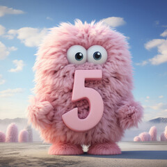 crazy mad funny cute tiny Monster In the form of the number 5, generative AI illustration