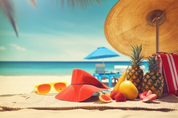 Summer vacation, travel holiday and beach accessories with beautiful sea background