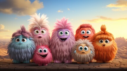 Obraz premium group of cute monster in a raw in the sunset. created by generative AI technology.