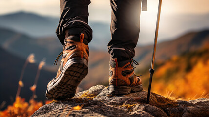 A man trekking shoes and poles stand on the mountain peak