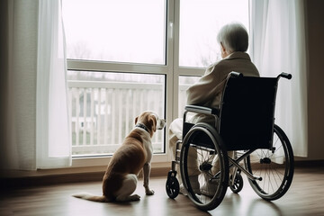 Lonely elderly senior person in wheelchair in nursing home, sitting by the window with his dog.