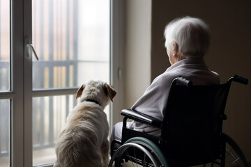 Lonely elderly senior person in wheelchair in nursing home, sitting by the window with his dog.