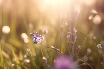 Purple butterfly on wild flowers in beautiful sunset light.