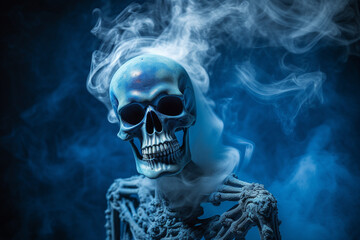 The king of death in creepy blue smoke. Halloween concept background.