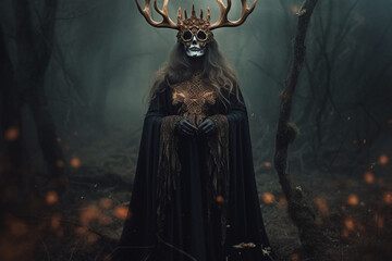 Obraz premium Woman with death mask and huge antlers, demon crown in foggy forest. Halloween concept.