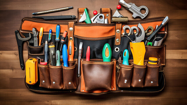 A leather toolbelt with construction tools is placed on the wooden board