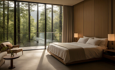 A hotel room with neutral tones, minimalist furnishings and an open window with the forest outside. Generative AI