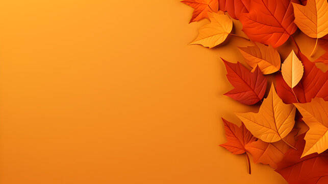 Autumn leaves on orange background. Seasonal banner with paper cut out leaves and copy space. Generative AI
