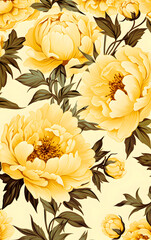 Seamless floral pattern with peonies on a yellow background. Generative AI