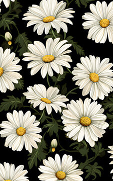 Seamless floral pattern with daisies on black background. Generative AI
