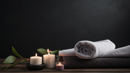 white spa towel and candles are placed on a dark table