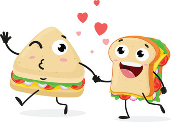 Cartoon happy sandwich, set of Cute characters, Isolated on white background