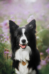 Portrait of a black and white border collie in a purple phacelia flower meadow