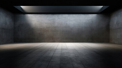 A dark room with a beam of light, concrete walls, and floor