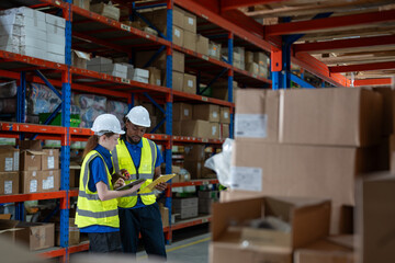 Professional female and man warehouse worker with digital tablet talking together and checking stock products in boxes on shelves at warehouse factory store. Logistics, Distribution Center concept.