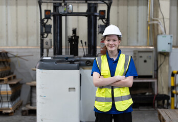 Portrait of female warehouse worker or woman driver forklift smile and standing with arms crossed...