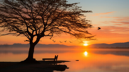 Fototapeta na wymiar A serene sunrise scene with a message of hope for a violence-free world 