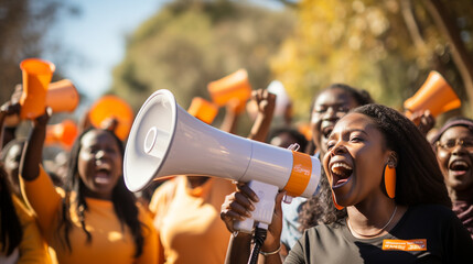 A group of women with megaphones, raising their voices to amplify the message against violence 