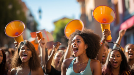 A group of women with megaphones, raising their voices to amplify the message against violence 