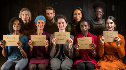 A series of portraits of survivors holding placards with messages of empowerment 