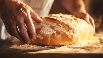 person is placing their hand on freshly baked bread
