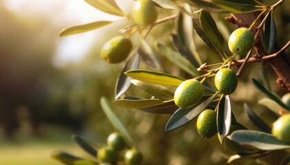 Olive fruit tree garden, branch close-up, sunlight background , Mediterranean olive trees growing