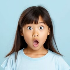 Portrait of a surprised little Asian girl with big eyes and an open mouth. Closeup face of an amazed Chinese child on a blue background. Astonished  Japanese kid in a blue shirt looking at the camera.
