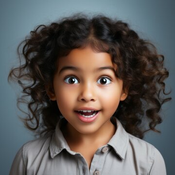 Portrait of a surprised little Indian girl with big eyes and an open mouth. Closeup face of an amazed Indonesian child on a background. Astonished kid in casual clothes looking at the camera.