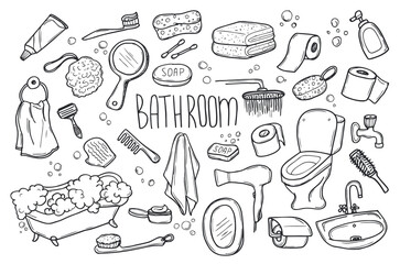 Hand drawn set of Bathroom doodle. Towel, bathrobe, shower, bathtub, mirror in sketch style. Vector illustration isolated on white background.
