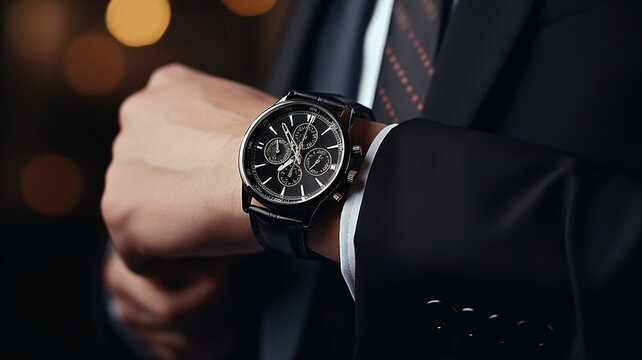 businessman in a black suit is glancing at his watch to see the time