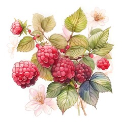 watercolor illustration of raspberries shrub with blossoms and berries isolated on white background for graphic design