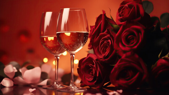 Glasses of wine and roses are placed in front of a red background