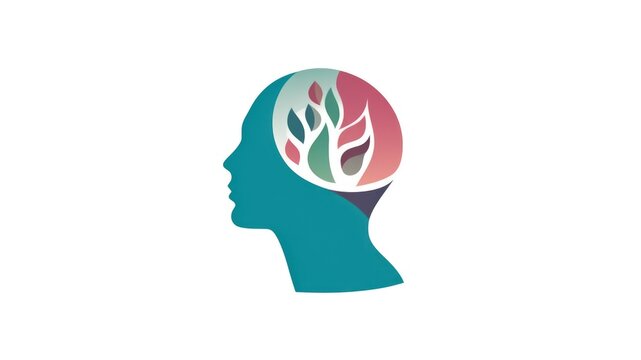 Colorful mindscape, Psychotherapy logo, icon concept with a woman head,  illustration of a human brain depicting growth with leaves with copy space for text