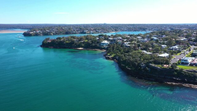 Aerial drone view of Cronulla South showing Bass and Flinders Point in the Sutherland Shire, South Sydney, NSW Australia on a sunny day in July 2023  
