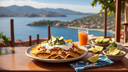 Fototapeta na wymiar A visually stunning photograph of a Chilaquiles placed on a table with view of a town, serene ocean, and majestic mountains in Zihuatanejo.