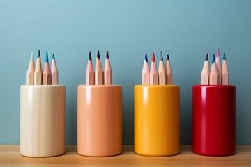 Fototapeta premium Minimalistic concept of pencils in a cup, pastel blue background
