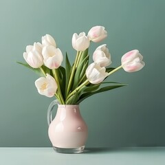 Beautiful bouquet of white tulips  in white ceramic vase  on light green background.  Bouquet of fresh white tulips flowers in a vase. Art Illustration of fresh white  tulips in vase, studio shot