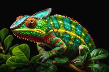 Fototapeta premium Yemeni chameleon isolated on large wood. generative Ai