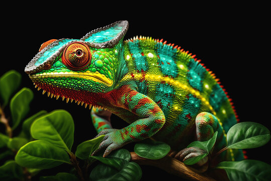 Yemeni chameleon isolated on large wood. generative Ai