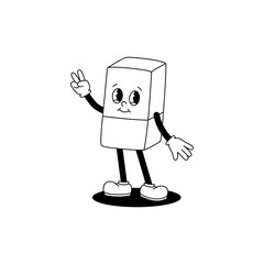 Vector cartoon retro mascot monochrome illustration of walking eraser. Vintage style 30s, 40s, 50s old animation. The clipart is isolated on a white background.