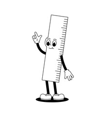 Vector cartoon retro mascot monochrome illustration of walking ruler. Vintage style 30s, 40s, 50s old animation. The clipart is isolated on a white background.